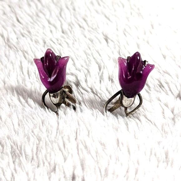 Vintage 40's /50's Sterling Silver & Purple Lucite Tulip Screw Back Earrings - Picture 7 of 11